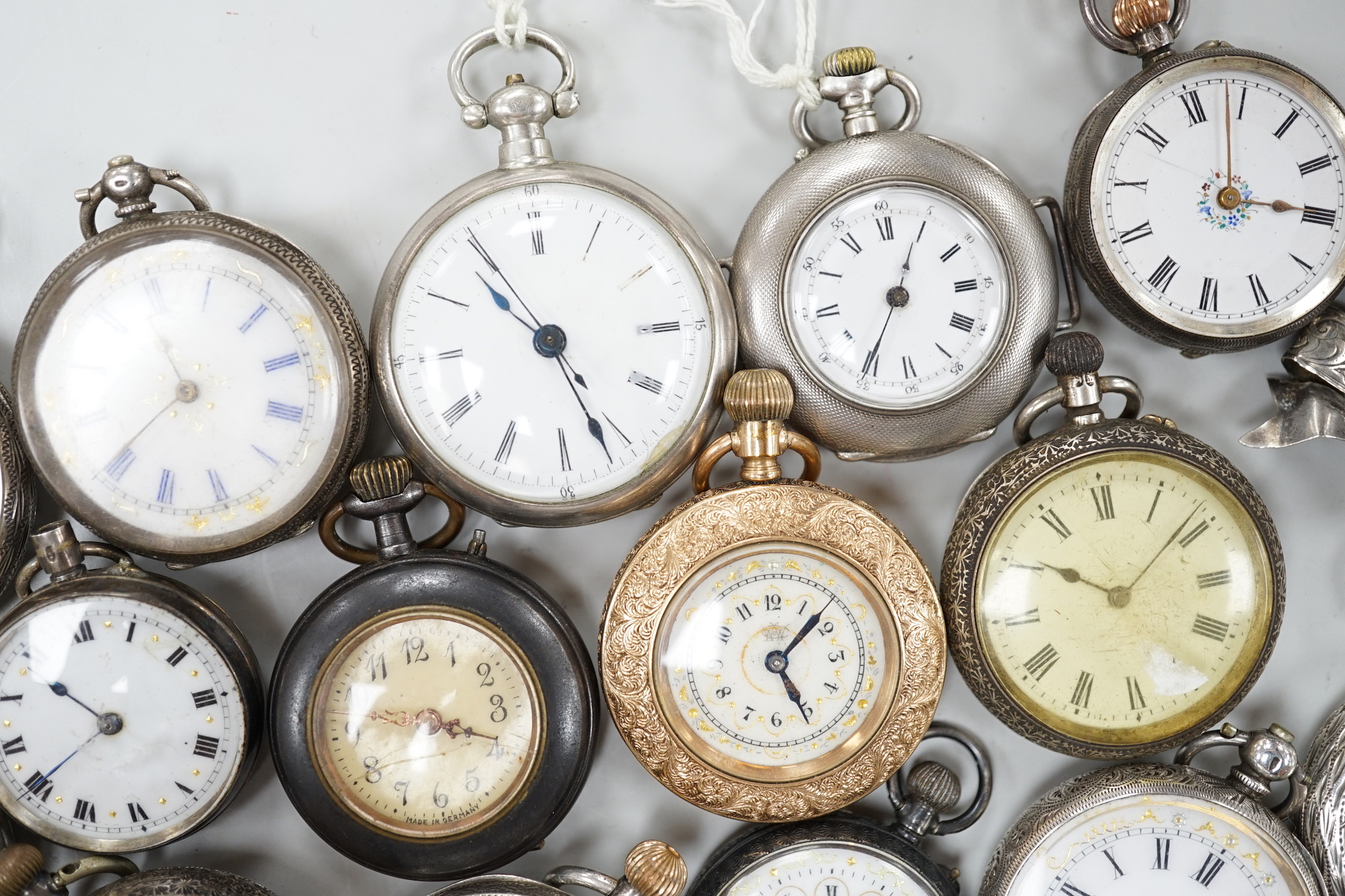 Approximately forty six assorted mainly silver fob watches but also including base and gun metal.